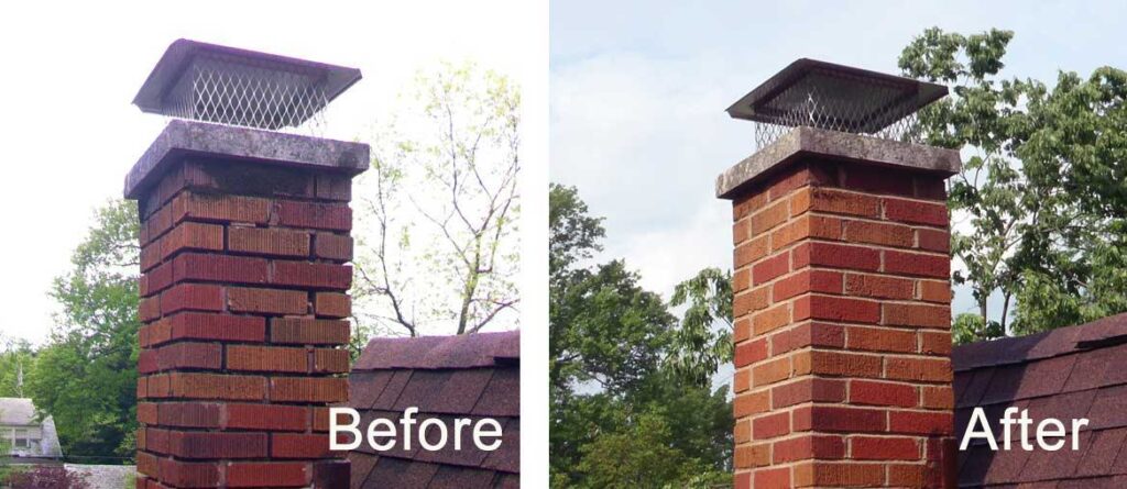 Tuckpointing on a Grand Designs chimney before and after