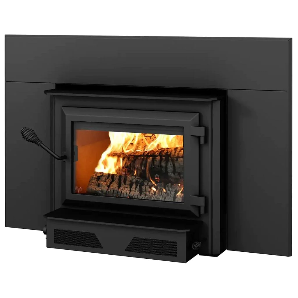 A Ventis woodburning fireplace insert that vents out of a grand designs chimney